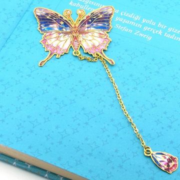 Pembe Mavi Renkler Kelebek Altın Rengi Metal Kitap Ayracı Zincirli AY001