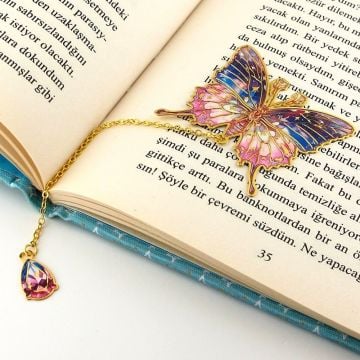 Pembe Mavi Renkler Kelebek Altın Rengi Metal Kitap Ayracı Zincirli AY001