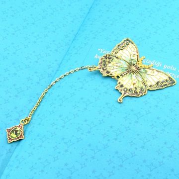 Yeşil Bahar Tonları Kelebek Altın Rengi Metal Kitap Ayracı Zincirli AY002