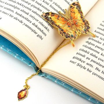 Renkli Bahar Çiçekleri Tonları Kelebek Altın Rengi Metal Kitap Ayracı Zincirli AY005