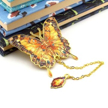 Renkli Bahar Çiçekleri Tonları Kelebek Altın Rengi Metal Kitap Ayracı Zincirli AY005