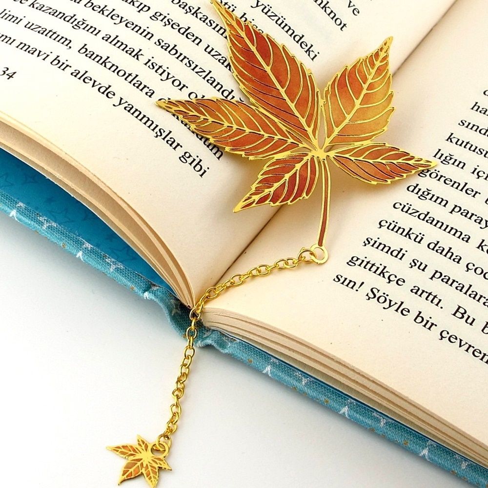 Sonbahar Çınar Yaprak Altın Rengi Metal Kitap Ayracı Zincirli AY007
