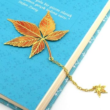 Sonbahar Çınar Yaprak Altın Rengi Metal Kitap Ayracı Zincirli AY007
