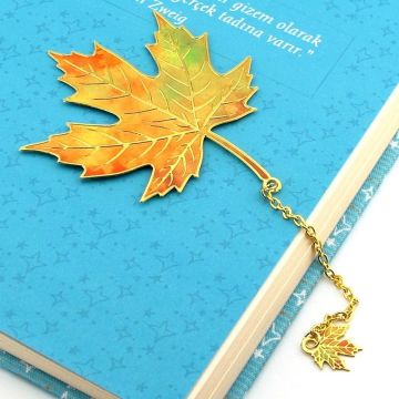Sonbahar Renkleri Çınar Yaprak Altın Rengi Metal Kitap Ayracı Zincirli AY008