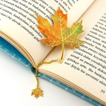 Sonbahar Renkleri Çınar Yaprak Altın Rengi Metal Kitap Ayracı Zincirli AY008