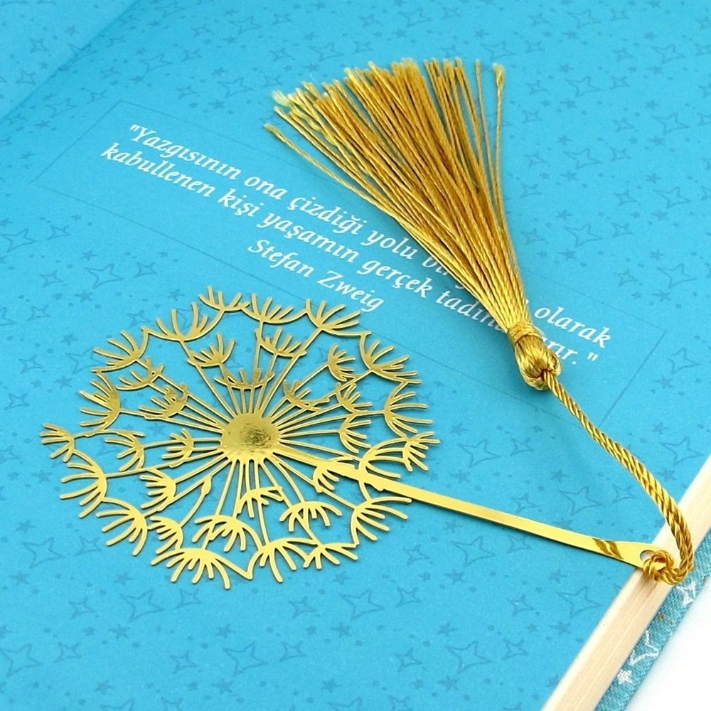 Karahindiba Çiçek Altın Rengi Metal Kitap Ayracı Püsküllü AY009
