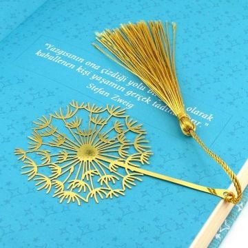 Karahindiba Çiçek Altın Rengi Metal Kitap Ayracı Püsküllü AY009