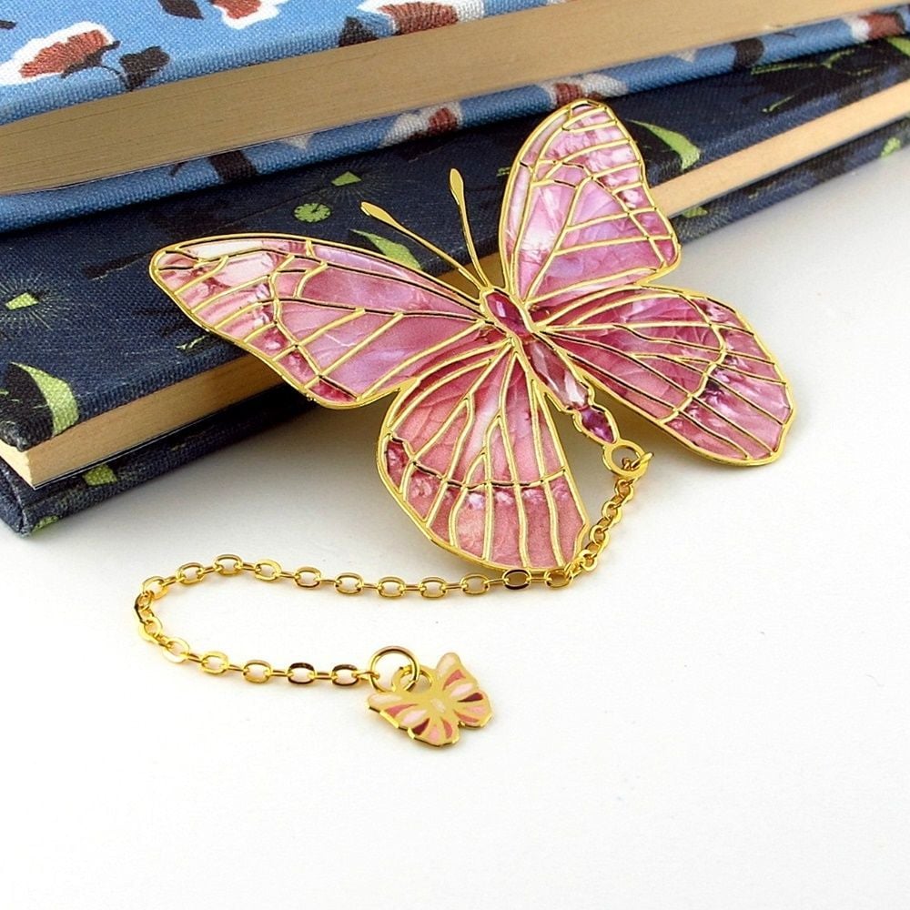 Pembe Kelebek Vintage Zincirli Bookmark Okuyucu Metal Ayraç Kitap Ayracı AY019