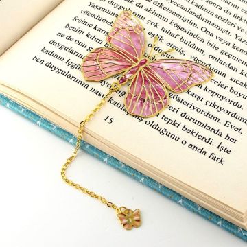 Pembe Kelebek Vintage Zincirli Bookmark Okuyucu Metal Ayraç Kitap Ayracı AY019