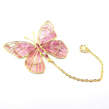 Pembe Kelebek Vintage Zincirli Bookmark Okuyucu Metal Ayraç Kitap Ayracı AY019