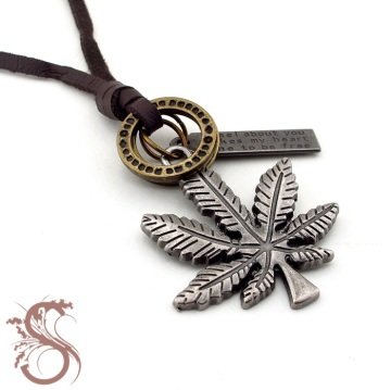 METAL CANNABİS YAPRAKLI DERİ ERKEK KOLYE K574