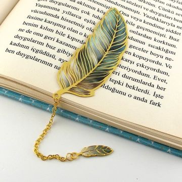 Yeşil Kuş Tüyü Hokka Okuyucu Vintage Metal Ayraç Kitap Ayracı Zincirli AY034
