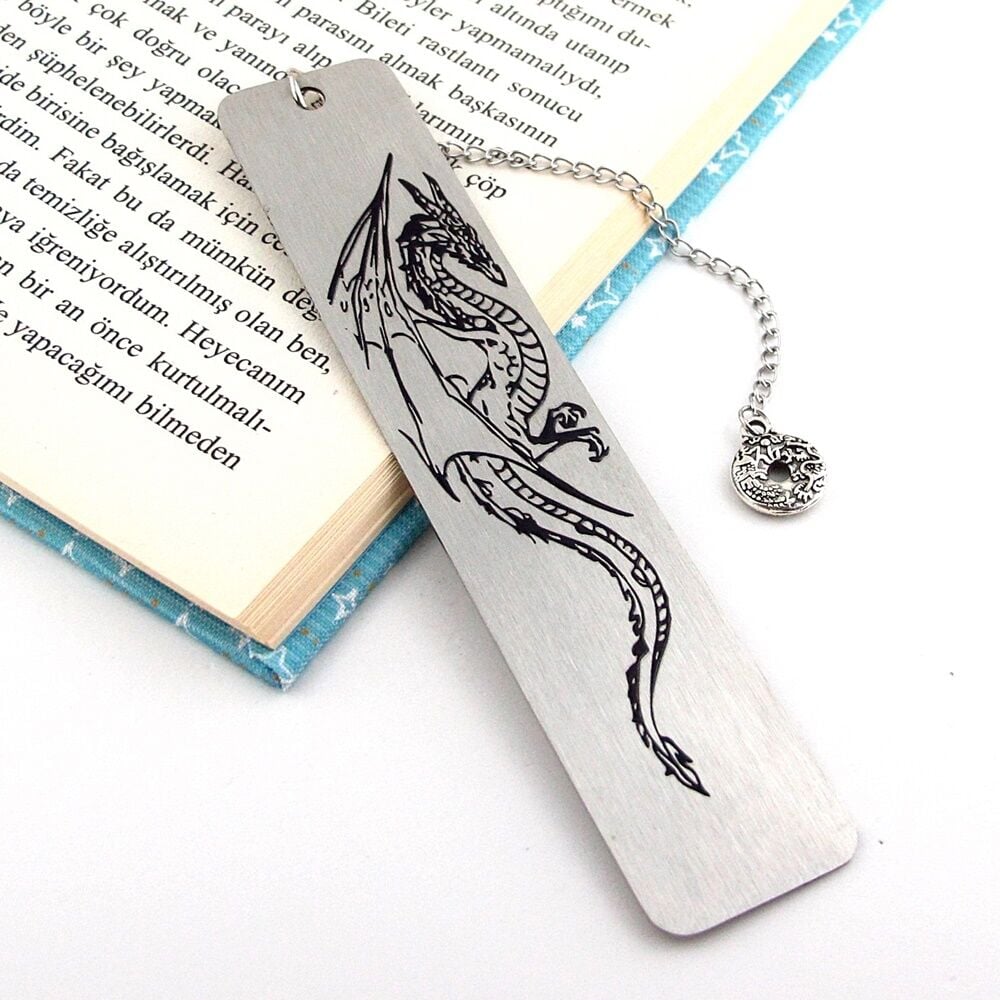 Ejderha Paslanmaz Çelik Bookmark Metal Ayraç Kitap Ayracı Zincirli AY047