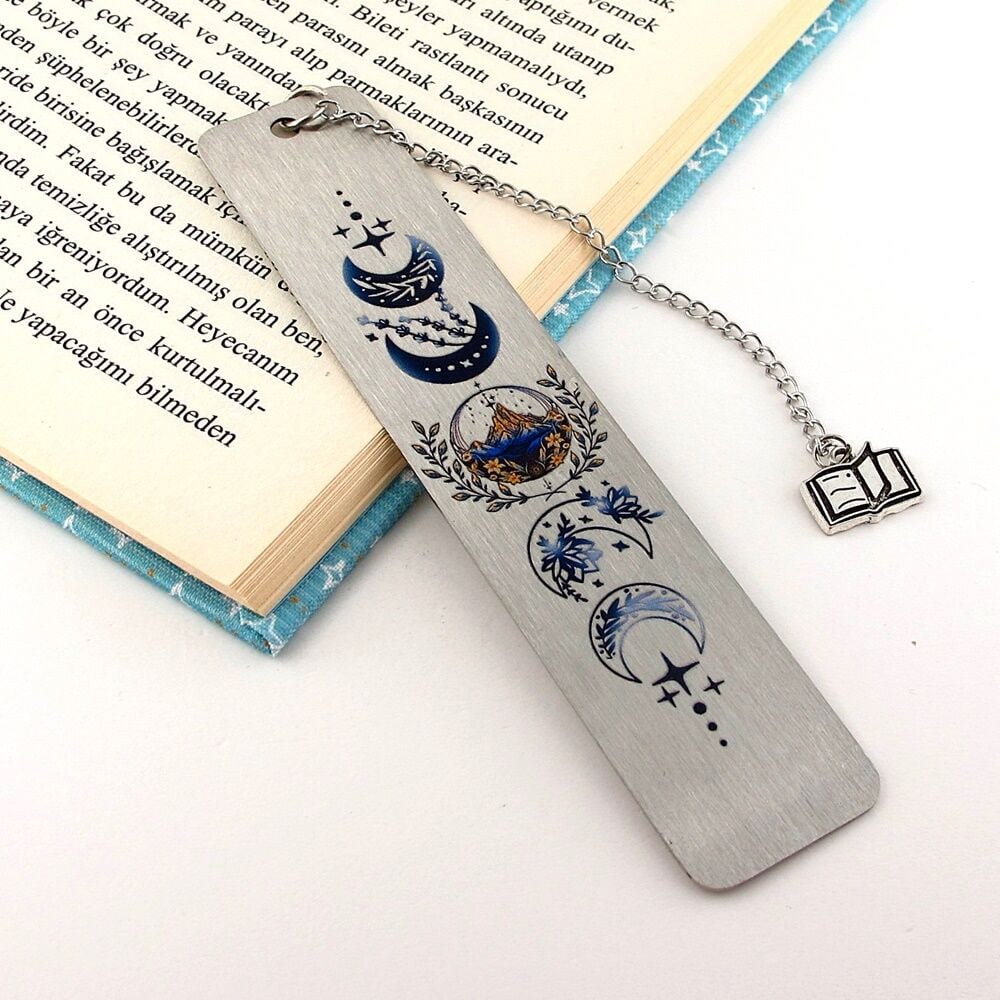 Ay Hilal Çiçekli Paslanmaz Çelik Bookmark Metal Ayraç Kitap Ayracı Zincirli AY048