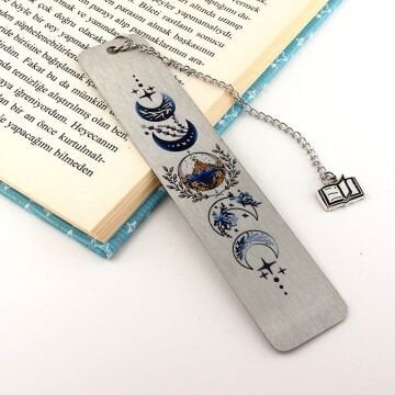 Ay Hilal Çiçekli Paslanmaz Çelik Bookmark Metal Ayraç Kitap Ayracı Zincirli AY048