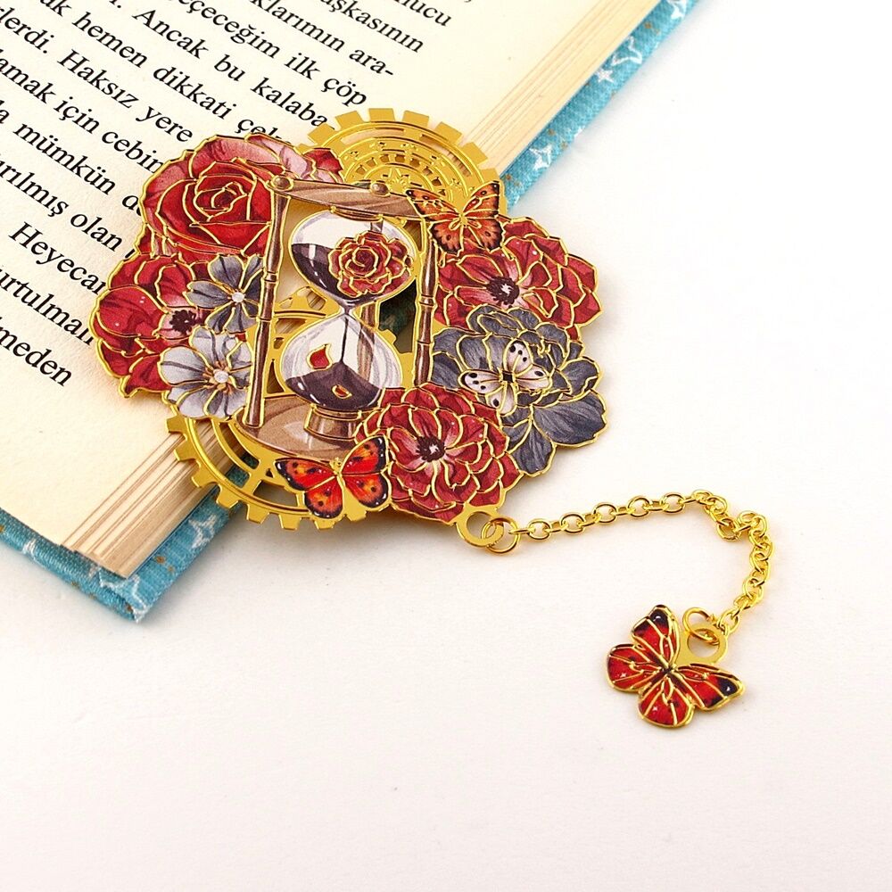 Zamanın Ruhu Kum Saati ve Çiçekler Metal Ayraç Kitap Ayracı AY051