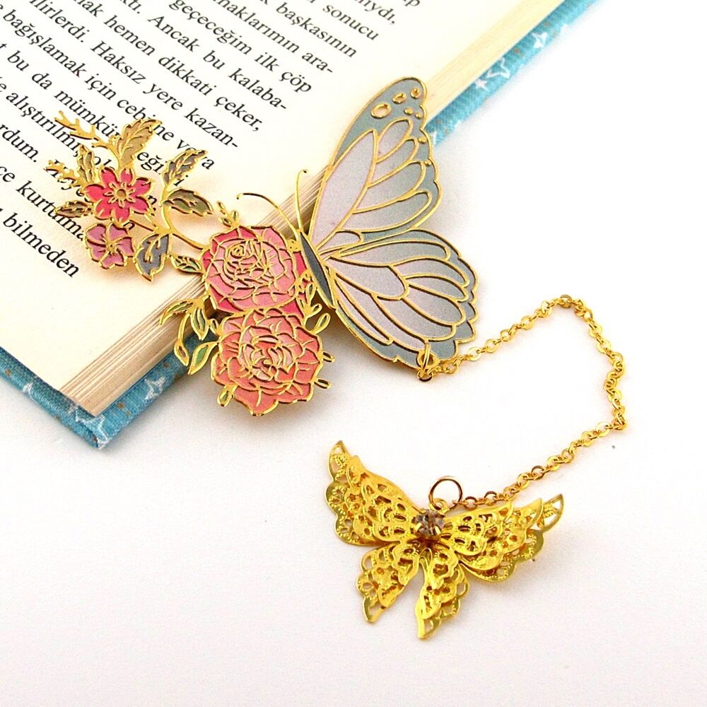 Pastel Tonlu Kelebek ve Güller Kitap Ayracı Metal Ayraç Zincirli Bookmark AY069
