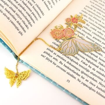 Pastel Tonlu Kelebek ve Güller Kitap Ayracı Metal Ayraç Zincirli Bookmark AY069