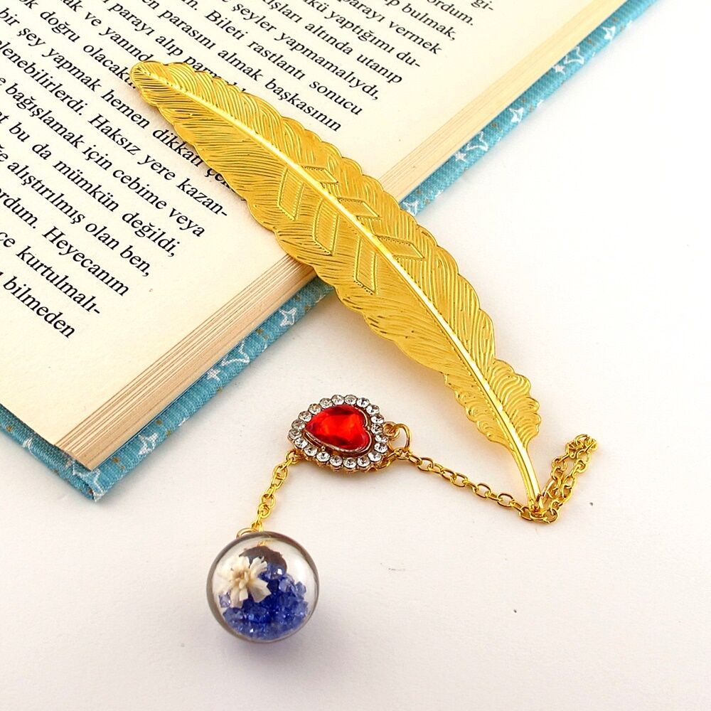 Hokka Şans Tüyü Çiçek Küresi Zincirli Kitap Ayracı Metal Ayraç Bookmark AY070