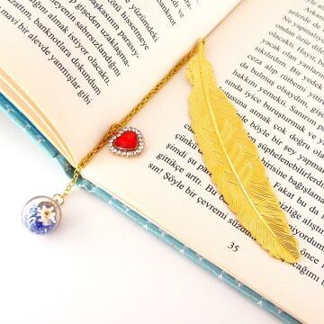 Hokka Şans Tüyü Çiçek Küresi Zincirli Kitap Ayracı Metal Ayraç Bookmark AY070