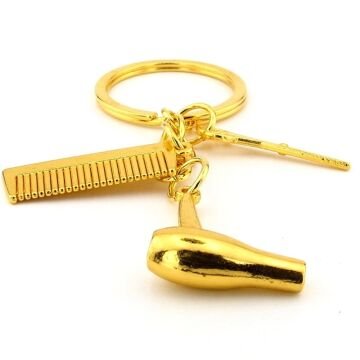 Sarı Altın Renkli Fön Tarak Makas Kuaför Berber Metal Anahtarlık KC176