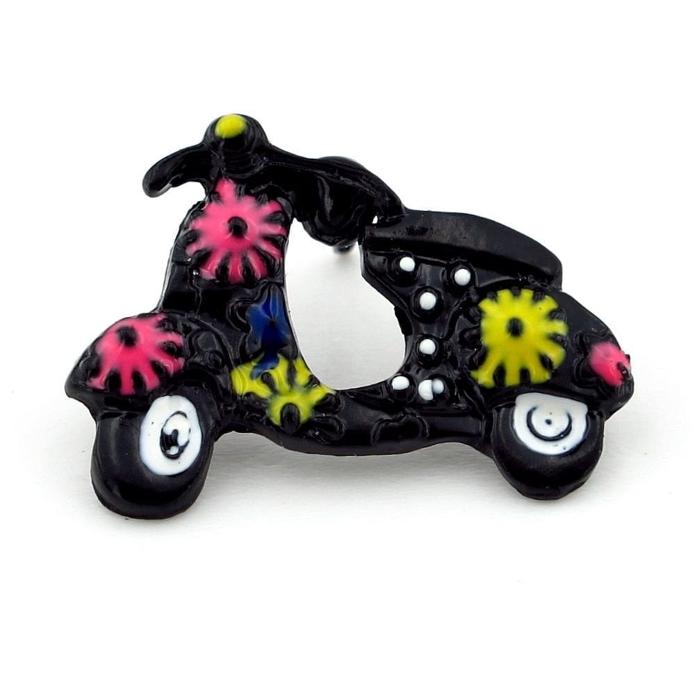 Çiçekli Siyah Vespa Scooter Yaka Çanta Süsü Metal Rozet Pin RZ145