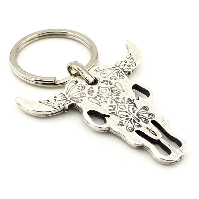 Desenli Boğa Buffalo Kafatası Boynuz Metal Anahtarlık KC218