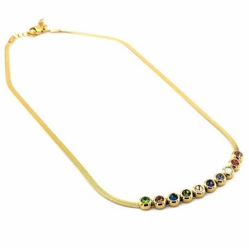 RENKLİ ZİRKON TAŞLAR İTALYAN YASSI ZİNCİR SARI ÇELİK KOLYE Q0516