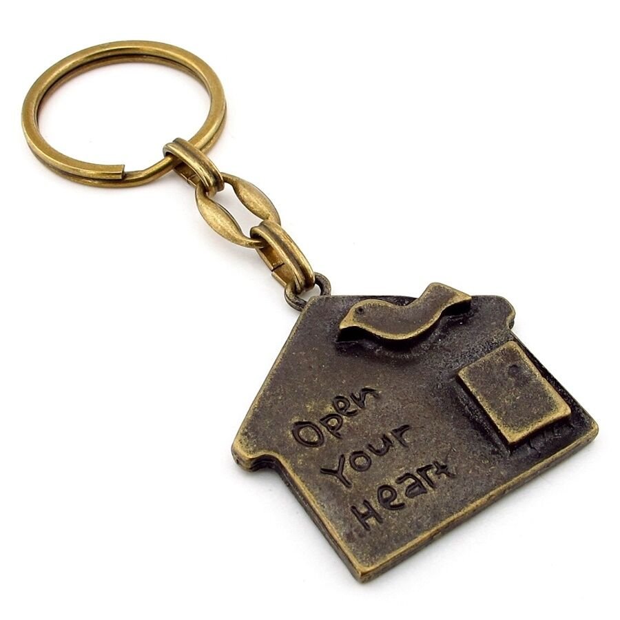 Home Ev Şeklinde Karikatüristik Çatıdaki Kuş Bronz Metal Anahtarlık KC228