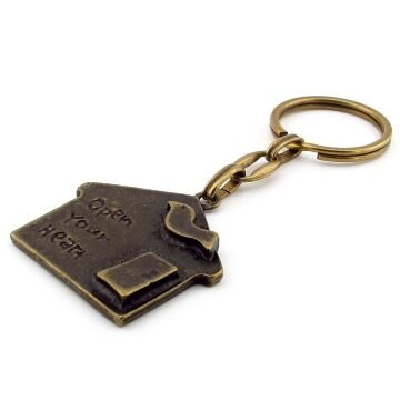 Home Ev Şeklinde Karikatüristik Çatıdaki Kuş Bronz Metal Anahtarlık KC228