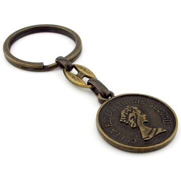 İngiliz Sikke Şeklinde İngiltere Kraliçe Elizabeth Bronz Metal Anahtarlık KC233