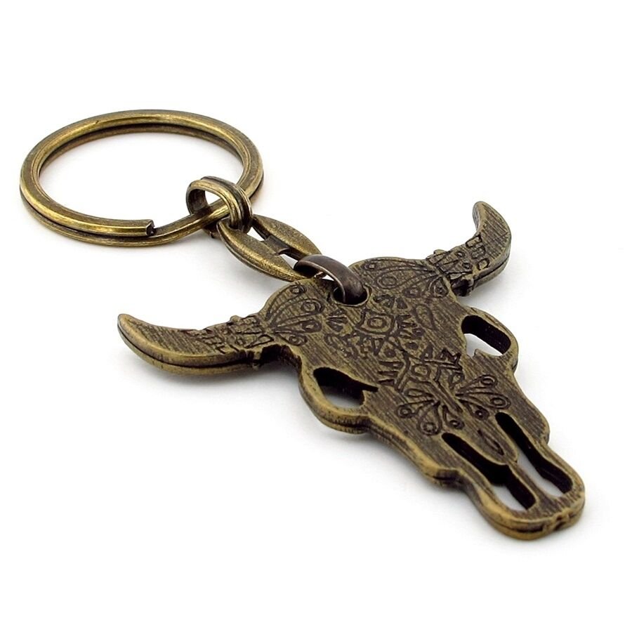 Desenli Boğa Buffalo Kafatası Boynuz Antik Sarı Eskitme Metal Anahtarlık KC239
