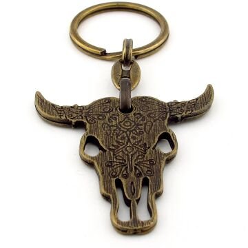 Desenli Boğa Buffalo Kafatası Boynuz Antik Sarı Eskitme Metal Anahtarlık KC239