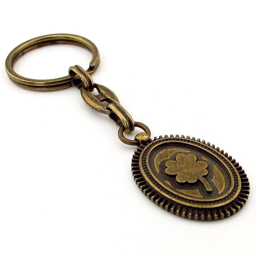 Dört Yapraklı Şans Yoncası Antik Sarı Bronz Eskitme Metal Anahtarlık KC252