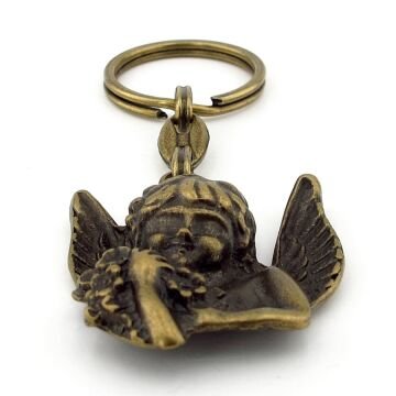 Melek Çocuk Figürü Antik Sarı Eskitme Bronz Metal Anahtarlık KC254