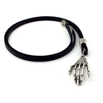 METAL İSKELET EL PARMAKLAR SİYAH DERİ ERKEK KOLYE Q0587