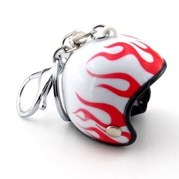 Beyaz Kask Kırmızı Alev Motosiklet Scooter Motor Kaskı Anahtarlık KC332