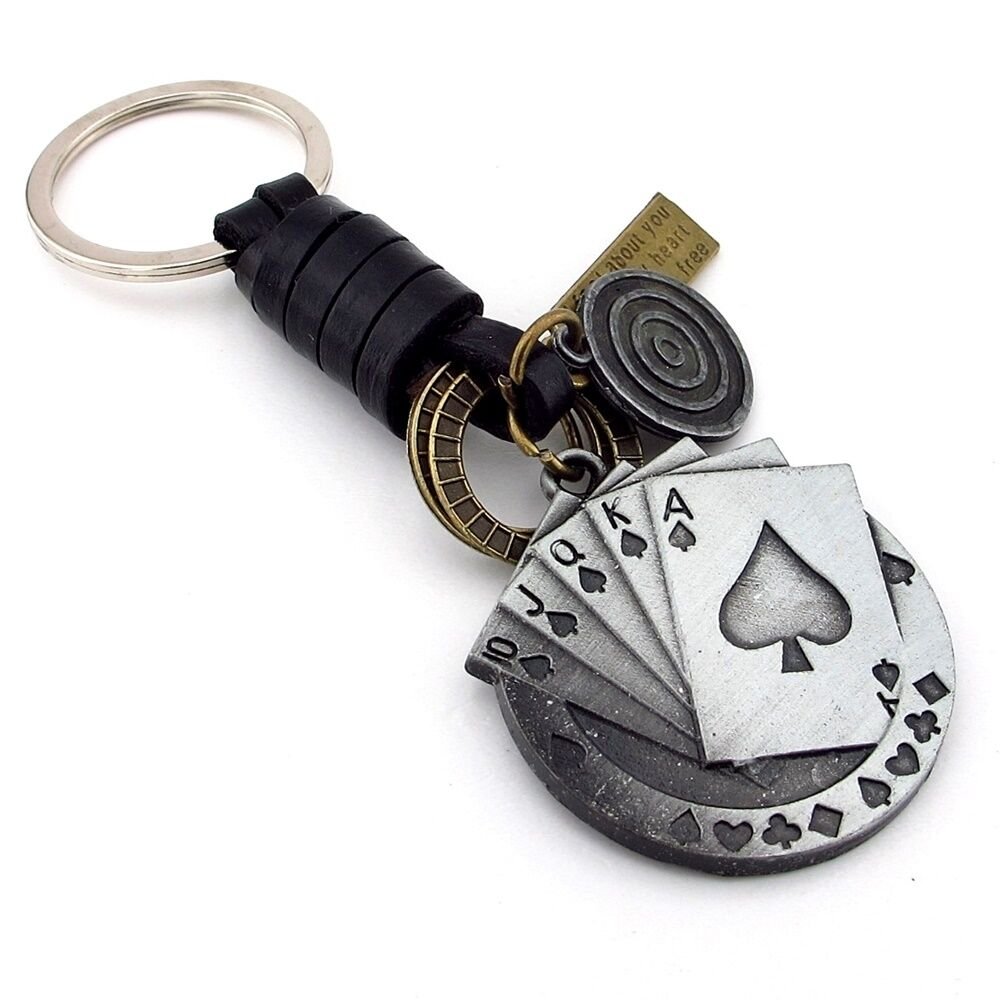 Royal Flush Poker Maça İskambil Şans Deri Metal Anhatarlık KC338