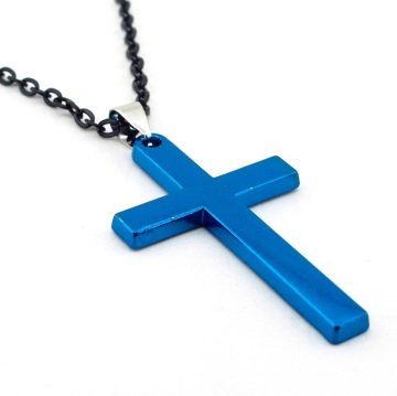 MAVİ RENKLİ ÇELİK HAÇ İSA JESUS ERKEK KOLYE SİYAH ZİNCİR Q0087