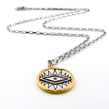 Antik Vintage Nazar Göz Madalyon Çelik Zincirli Uniseks Kolye Q0880