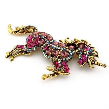 Renkli Pembe Taşlı Büyük Unicorn Tek Boynuzlu At Broş RZ202