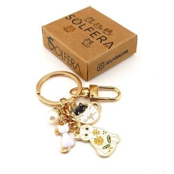 Beyaz Kediler Çiçek ve İnci Top Sallantılı Metal Anahtarlık Çanta Süsü Charm KC390