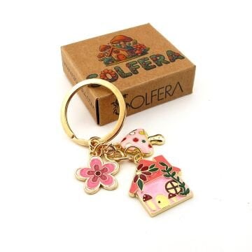 Ev Şeklinde Home Mantar Çiçek Doğa Pembe Metal Anahtarlık KC392