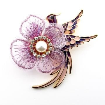 Pembe Kumaş Çiçek Ve Phoenix Zümrüdü Anka Kuşu Büyük Boy Broş RZ211