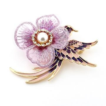 Pembe Kumaş Çiçek Ve Phoenix Zümrüdü Anka Kuşu Büyük Boy Broş RZ211