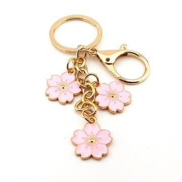 Pembe Çiçekler Bahar Çanta Süsü Charm Sarı Metal Anahtarlık KY029