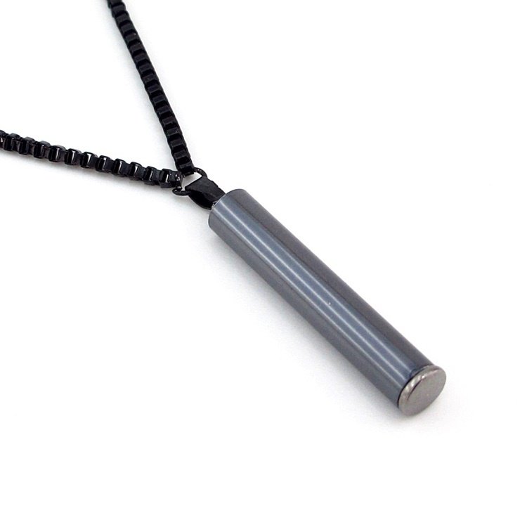 GİZLİ NOT İÇİ AÇILIR SİLİNDİR BAR SİYAH ÇELİK ERKEK KOLYE Q0309