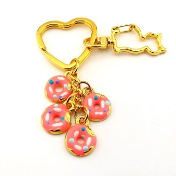 Pembe Donutlar Kedi Figürlü Kalp Çanta Süsü Charm Anahtarlık KY046