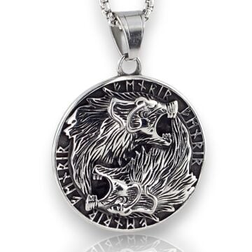 Viking Çift Kurt Nordik İskandinav Madalyon Titanyum Çelik Erkek Kolye Q0966