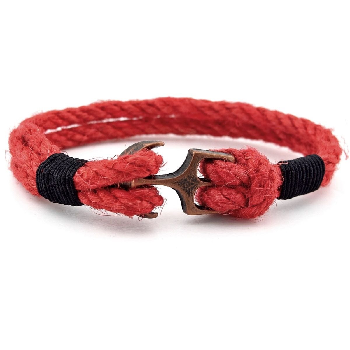 Kırmızı Halat Siyah Örgü Bakır Renk Metal Çapa Denizci Erkek Bileklik M056D